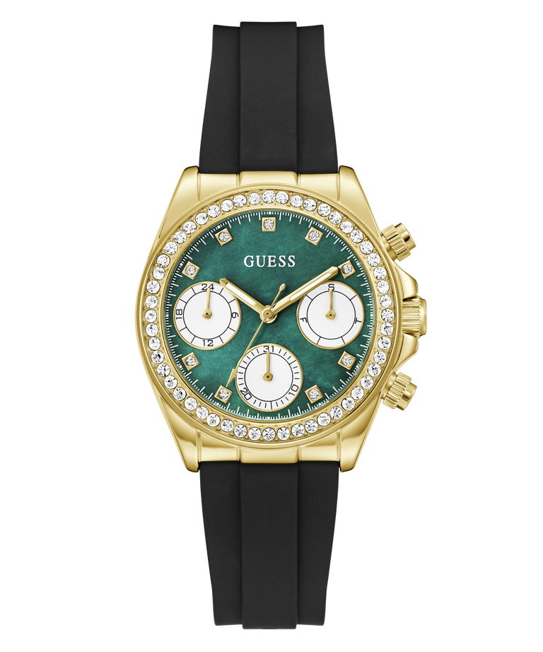 Gold watch with green face and black strap on white background