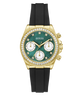 Gold watch with green face and black strap on white background