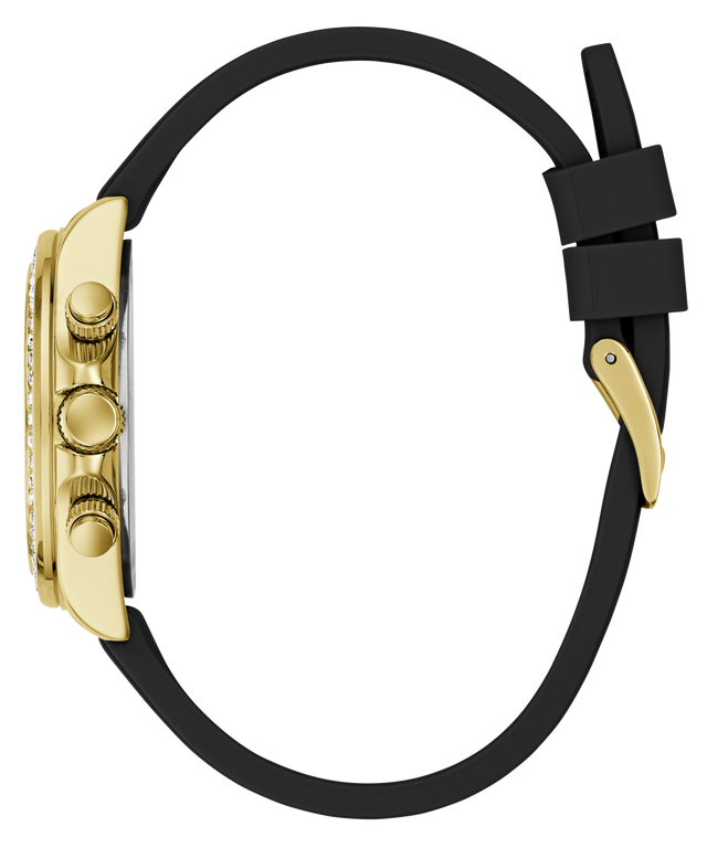 Gold watch with black strap on a white background