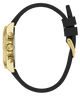Gold watch with black strap on a white background