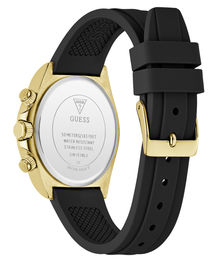 Black and gold watch with visible brand name on a white background