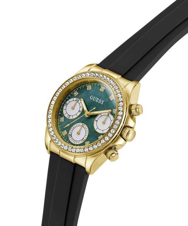 Gold watch with a green face and black strap on a white background lifestyle