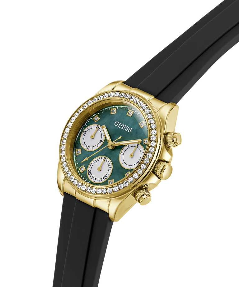 Gold watch with a green face and black strap on a white background lifestyle