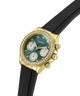 Gold watch with a green face and black strap on a white background lifestyle