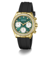 Luxury Guess watch with green dial, gold case, and black strap on white background