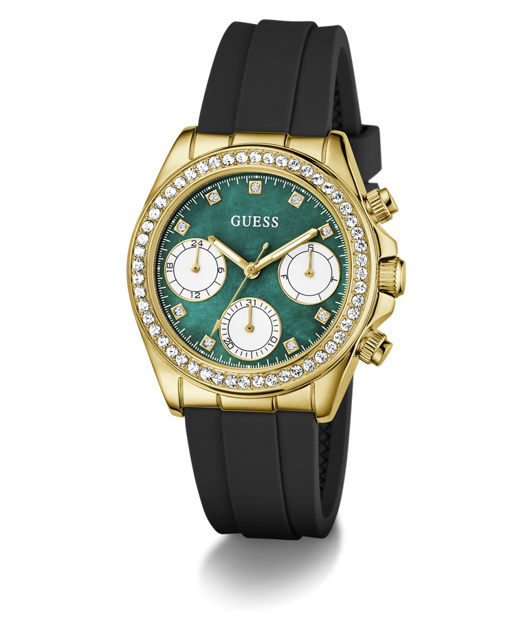 Luxury Guess watch with green dial, gold case, and black strap on white background