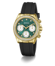 Luxury Guess watch with green dial, gold case, and black strap on white background