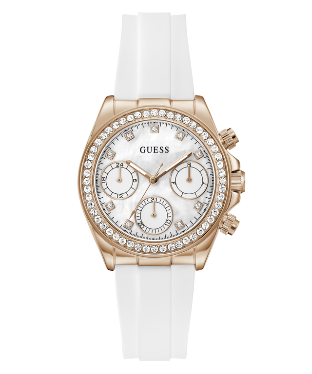 Guess watch with rose gold case, white dial, and white strap on a white background