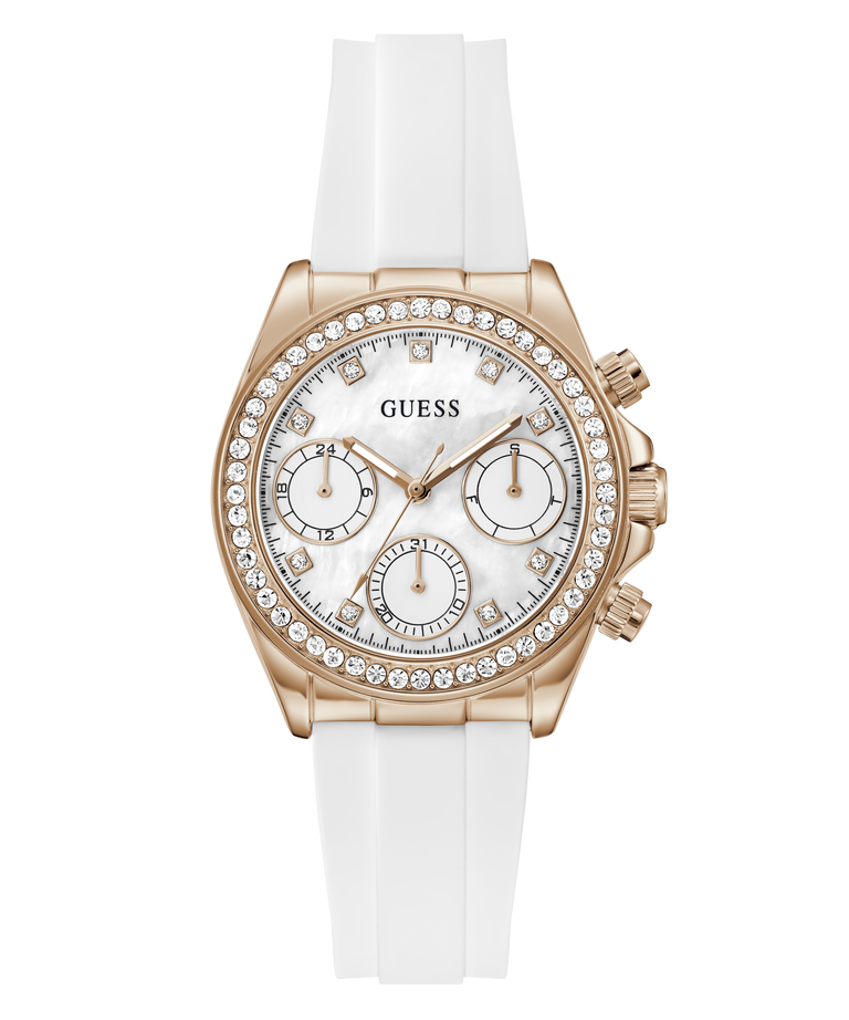 Guess watch with rose gold case, white dial, and white strap on a white background