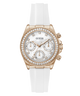 Guess watch with rose gold case, white dial, and white strap on a white background