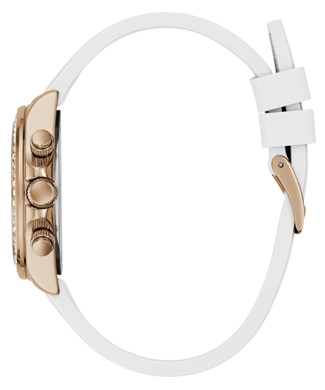 Close-up of a watch with a white strap and rose gold case on a white background