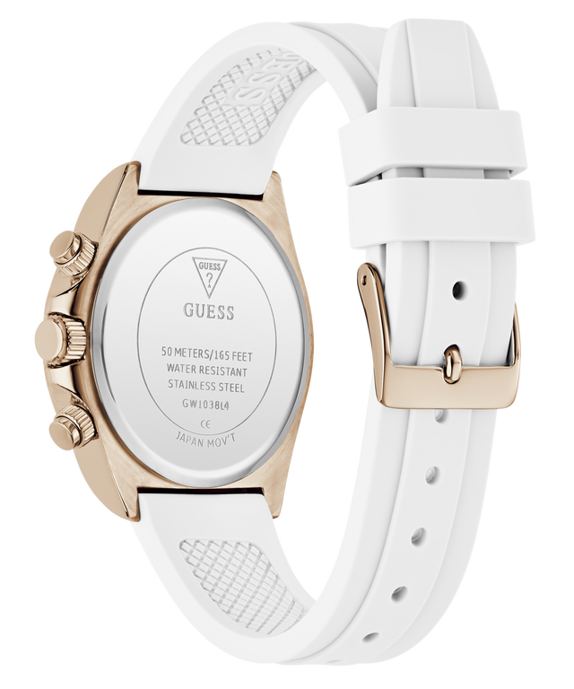 Guess watch with white strap and rose gold case on a white background