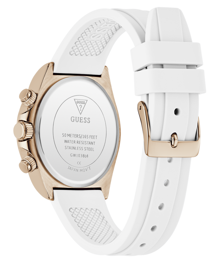 Guess watch with white strap and rose gold case on a white background