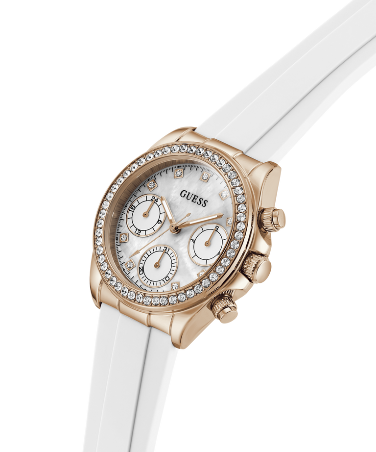 Rose gold watch with diamond accents on a white strap against a white background lifestyle