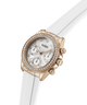 Rose gold watch with diamond accents on a white strap against a white background lifestyle