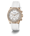 Guess watch with white strap and rose gold case on a white background