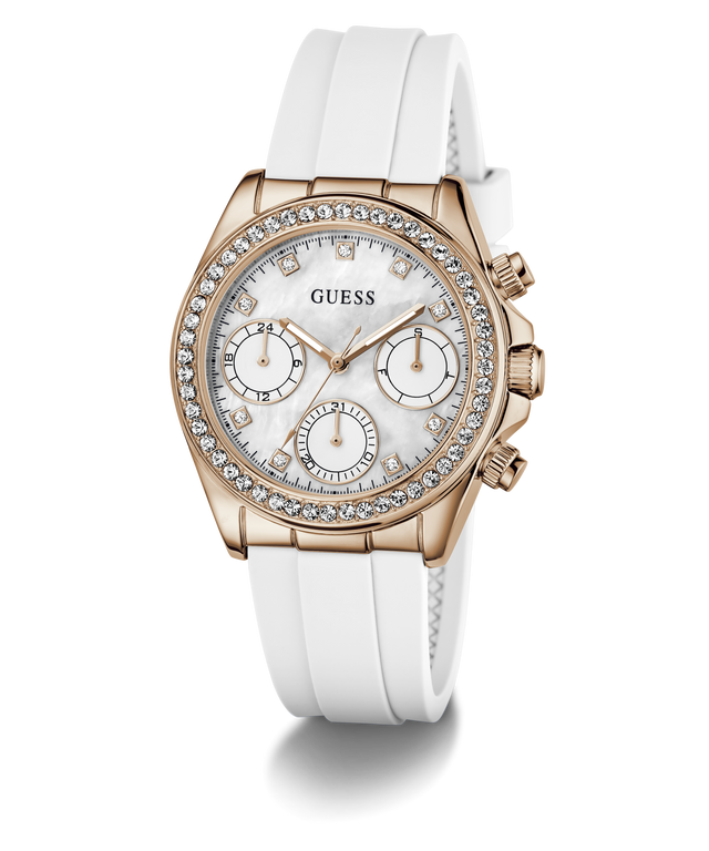 Guess watch with white strap and rose gold case on a white background