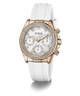 Guess watch with white strap and rose gold case on a white background