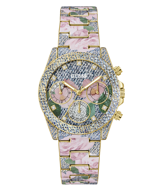 Floral patterned GUESS Ladies Blue Analog Watch with gold accents on a white background