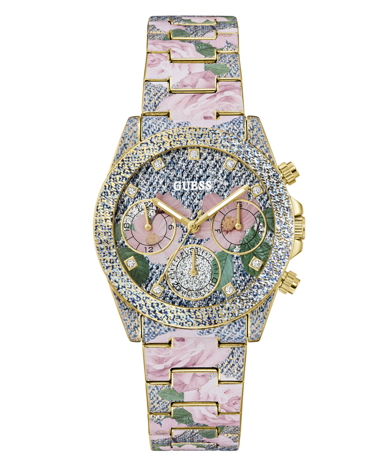 Floral patterned GUESS Ladies Blue Analog Watch with gold accents on a white background