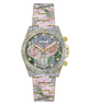 Floral patterned GUESS Ladies Blue Analog Watch with gold accents on a white background