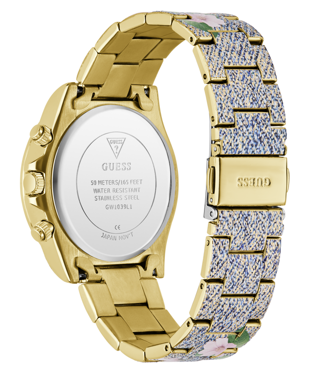 Gold and floral-patterned GUESS Ladies Blue Analog Watch band on a white background