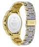 Gold and floral-patterned GUESS Ladies Blue Analog Watch band on a white background