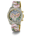 Floral-patterned watch with gemstone accents on a white background