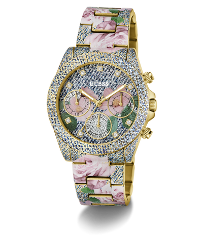 Floral-patterned watch with gemstone accents on a white background