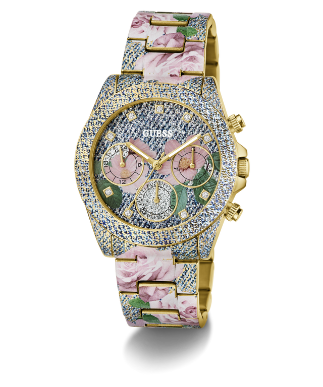 Floral-patterned watch with gemstone accents on a white background