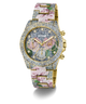 Floral-patterned watch with gemstone accents on a white background