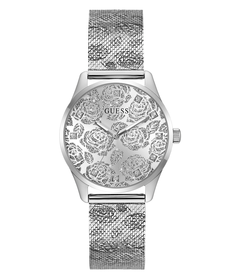 Silver floral-patterned GUESS Ladies Silver Tone Analog Watch with mesh band on a white background