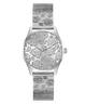 Silver floral-patterned GUESS Ladies Silver Tone Analog Watch with mesh band on a white background
