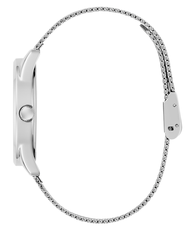 Silver GUESS Ladies Silver Tone Analog Watch on a white background