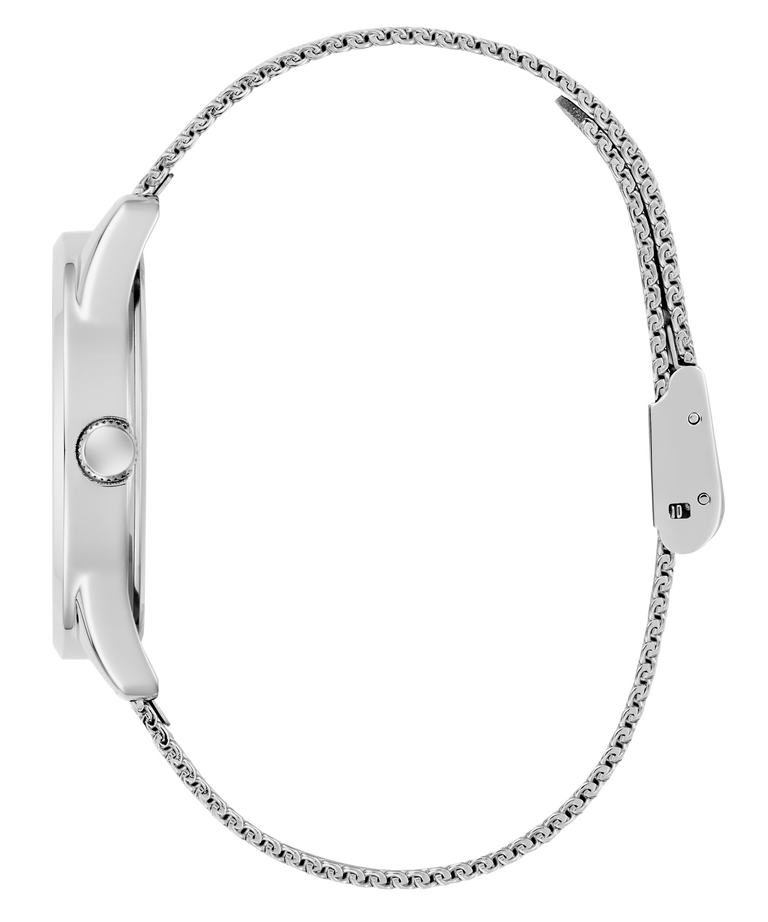 Silver GUESS Ladies Silver Tone Analog Watch on a white background