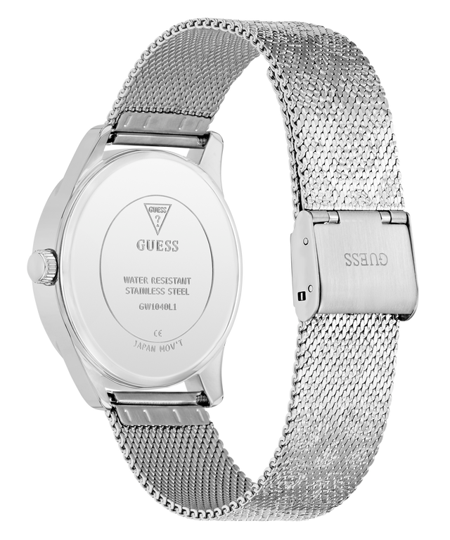Silver watch with mesh band on a white background