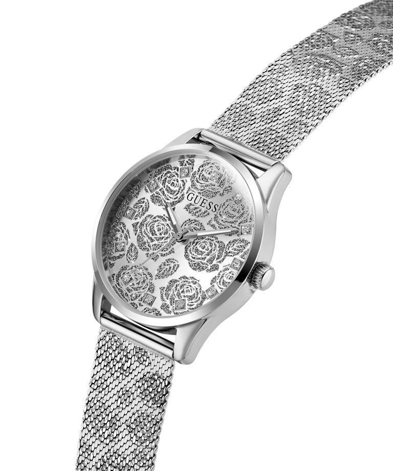 Silver GUESS Ladies Silver Tone Analog Watch with floral patterned face on a white background lifestyle