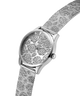 Silver GUESS Ladies Silver Tone Analog Watch with floral patterned face on a white background lifestyle