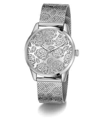 Silver GUESS Ladies Silver Tone Analog Watch with floral design on the face against a white background