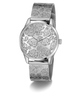 Silver GUESS Ladies Silver Tone Analog Watch with floral design on the face against a white background