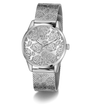 Silver GUESS Ladies Silver Tone Analog Watch with floral design on the face against a white background
