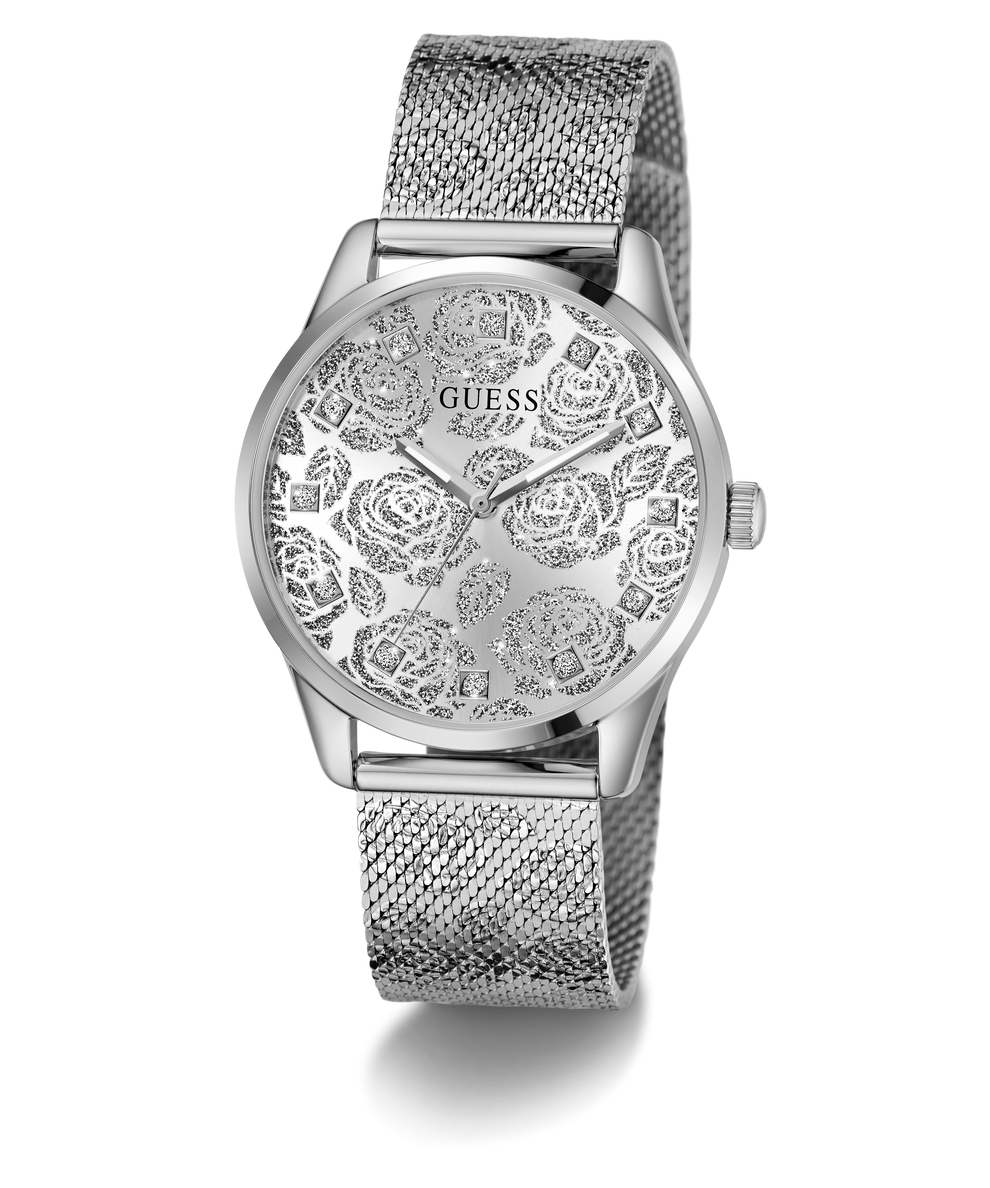 Silver GUESS Ladies Silver Tone Analog Watch with floral design on the face against a white background