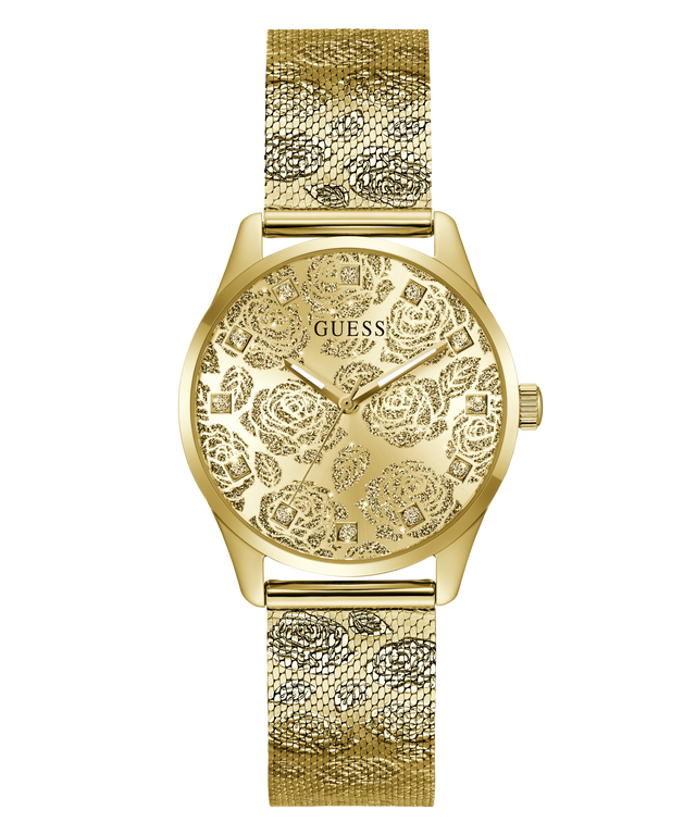 Gold GUESS Ladies Gold Tone Analog Watch with floral design on a white background