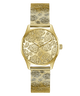 Gold GUESS Ladies Gold Tone Analog Watch with floral design on a white background