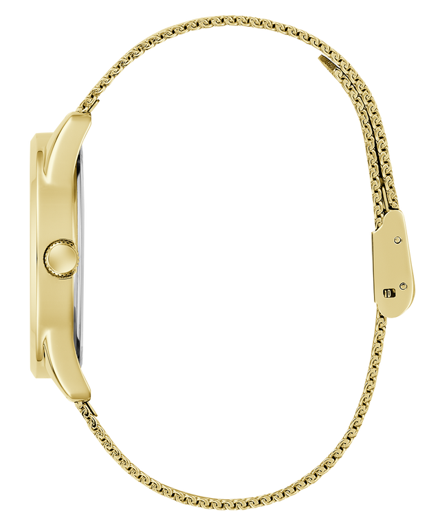 Gold GUESS Ladies Gold Tone Analog Watch with a chain strap on a white background