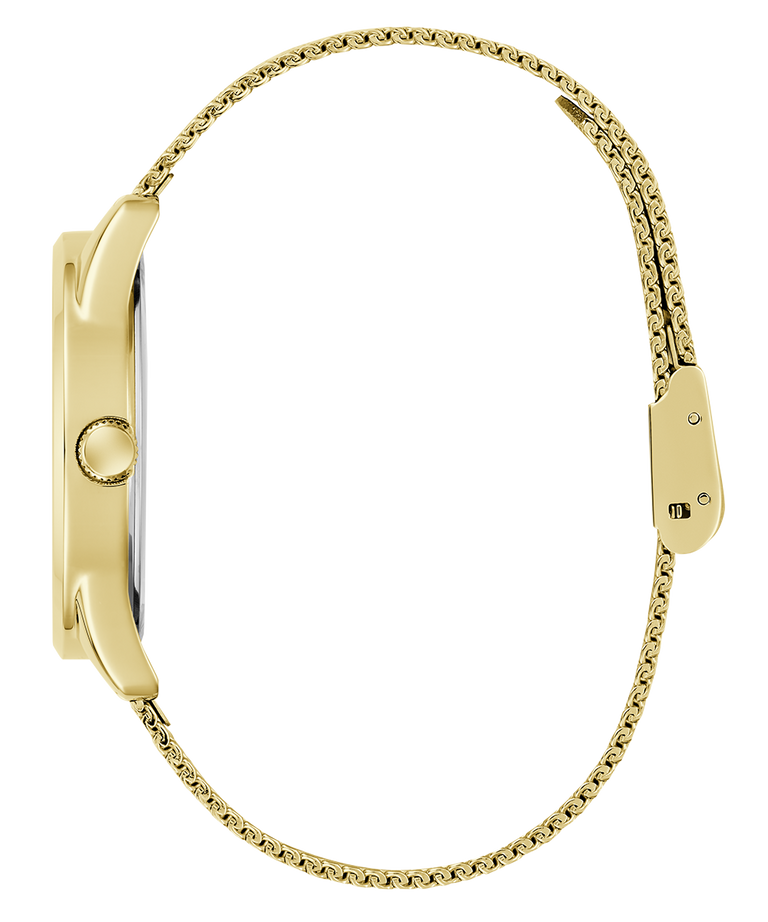 Gold GUESS Ladies Gold Tone Analog Watch with a chain strap on a white background