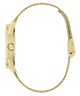 Gold GUESS Ladies Gold Tone Analog Watch with a chain strap on a white background