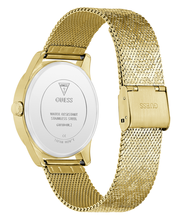 Gold GUESS Ladies Gold Tone Analog Watch with mesh band on a white background