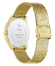 Gold GUESS Ladies Gold Tone Analog Watch with mesh band on a white background