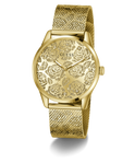 Gold GUESS Ladies Gold Tone Analog Watch with floral pattern on a white background